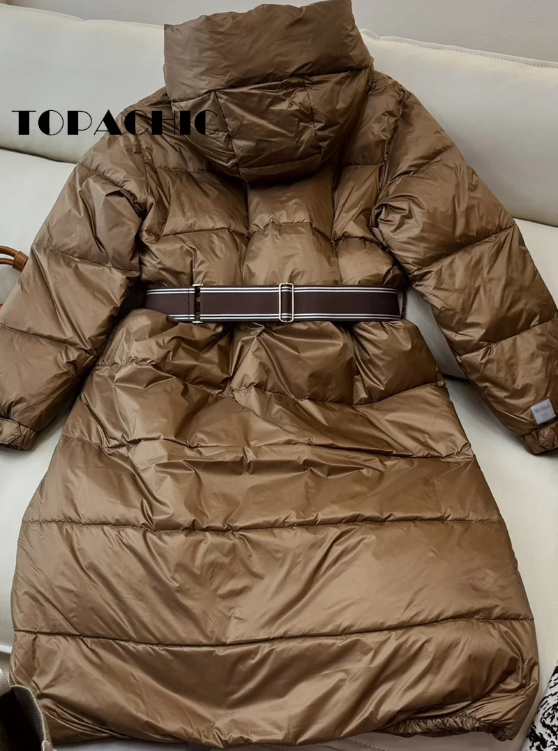 8.31 TOPACHIC-Women Quilted Sashed Collect Waist Long Down Jacket Hooded Keep Warm Double Zipper Goose Down Thick Outerwear