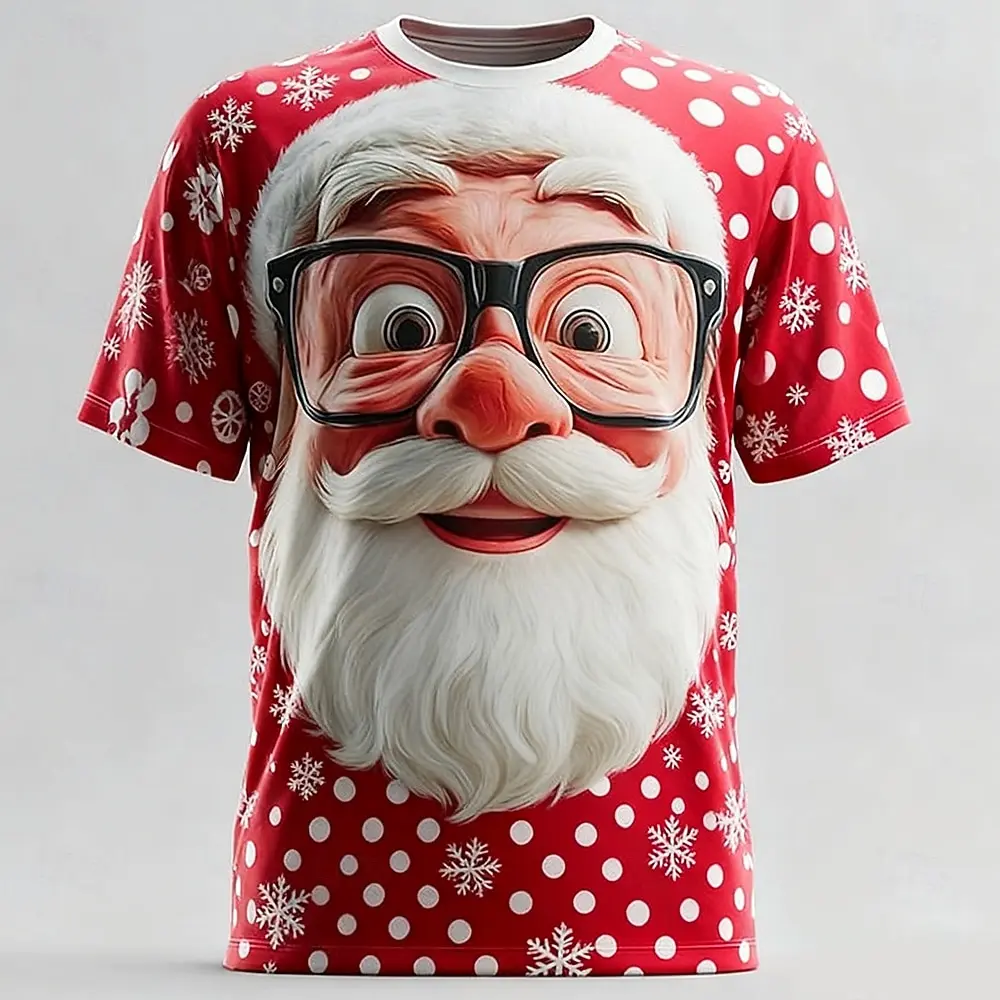 2025 Men's Christmas Santa 3D Print T-Shirt, Festive Cartoon Design, Crew Neck Short Sleeve, All Seasons Holiday Party Wear