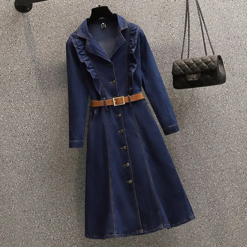 2024 High Waisted Denim Dresses Women Long Sleeved Laple Collar Elegant Slim Jeans Shirt Dress Women with Belt Knee Length V396