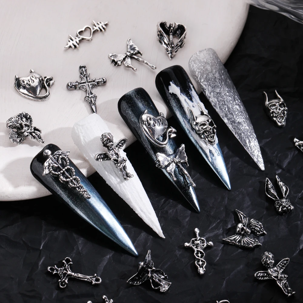 10pcs 3D Halloween Goth Punk Alloy Nail Charms Cross Devil Angel Nail Parts DIY Nail Art Decoration