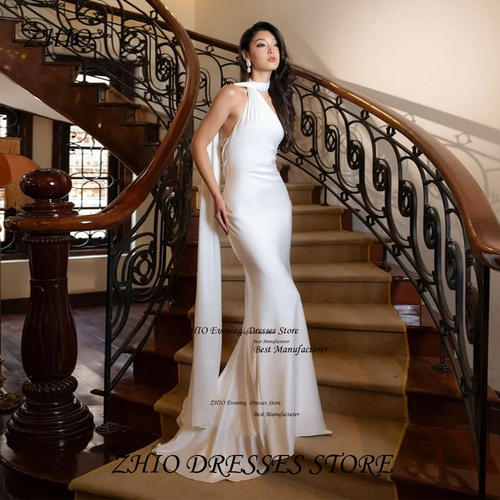 ZHIO-vestido de noche clásico de satén, sirena, color marfil, con bufanda, vestido de fiesta largo sin tirantes, cola capilla, vestido de graduación sin espalda personalizado