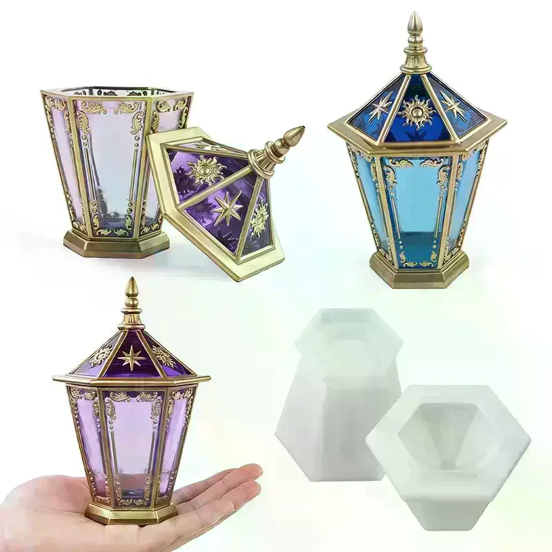 DIY Lighthouse Silicone Mold With Lid Crystal Epoxy Resin Star Moon Hexagon Crystal Cluster Mirror Storage Box Mold Home Decor