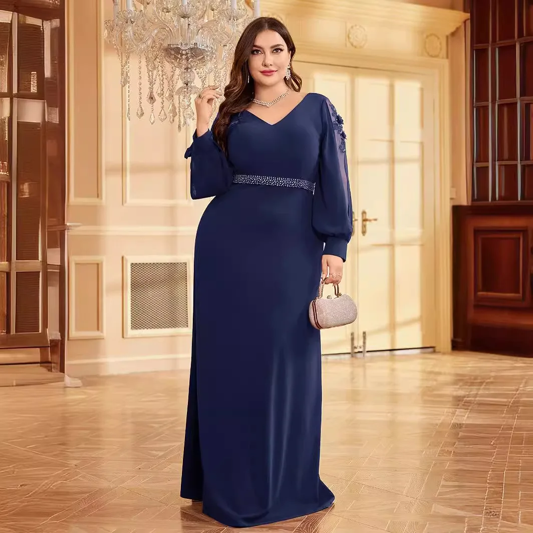 

Curvy Ladies Navy Long Evening Dress Deep V See Through Puff Sleeve Sparkle Rhinestone Waist Slim Straight Skirt Outfit