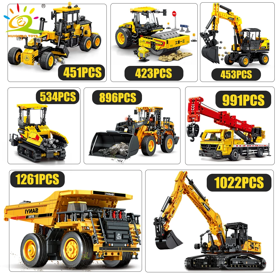 HUIQIBAO Engineering Truck Building Block Excavator Bulldozer Crane Car Brick City Construction Toy For Children Boy Adults Gift