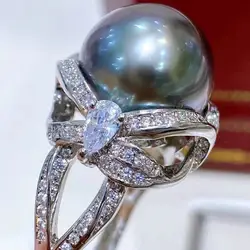 Large AAAA 10-11mm 9-10mm Round Natural Tahitian Black Pearl Ring S925 Silver T Square Zirconium Elegant and Advanced Sense