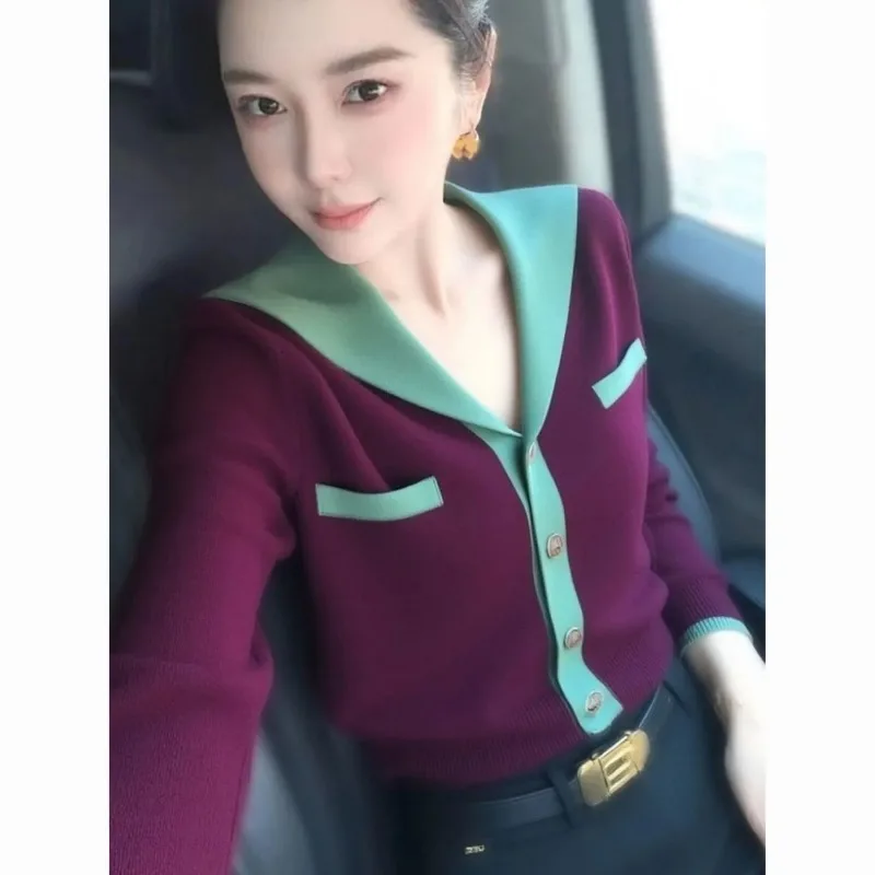 

Женская одежда, весенне-осенний модный корейский пуговицы с цветными блоками, женский модный темпераментный кардиган с длинным рукавом