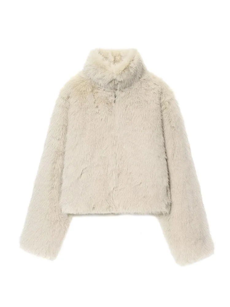 HH Neue Damenmode Winter Warme Jacke Mit Kunstfell Lange Ärmeln Halb Einfarbig Kurzmantel Lässige Lose Jacke