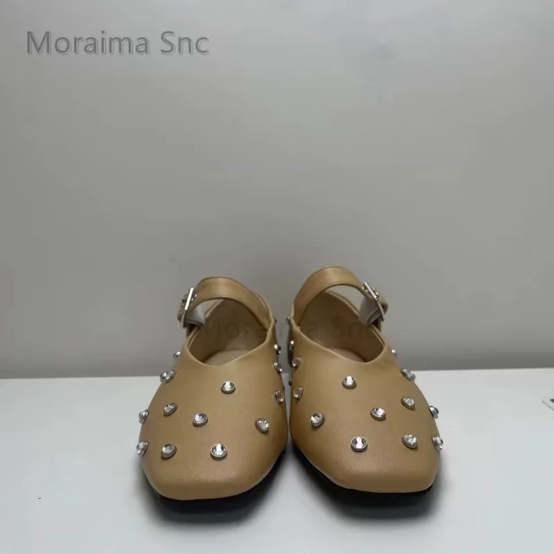 Zapatos planos de Ballet con diamantes de imitación para mujer, zapatos planos de cuero con hebilla de cinturón y punta cuadrada, cómodos, informales, combinan con todo