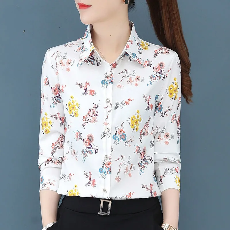 Spring and Autumn Women\'s Polo Collar Button Contrast Plant&Flowers Printing Single Breasted Long Sleeve Shirt Cardigan Tops