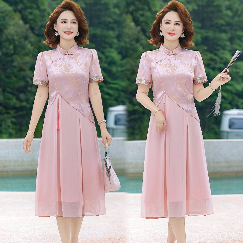 Pink Chinese Style Qipao Dress Mid-aged Women Summer Fashionable Elegant Long Skirt Button Detail Fit Maxi Dress