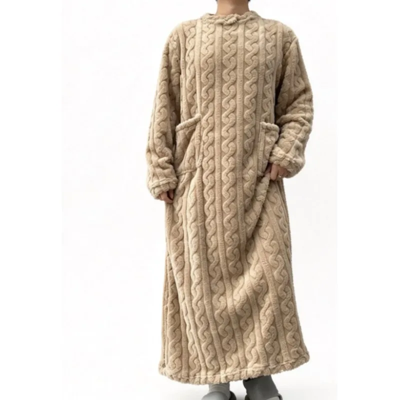 Men's Coral Velvet Nightgown Autumn Winter Long Sleeve Double Pocket Flannel Nightgowns Home Robe Loose Solid Sleepwear