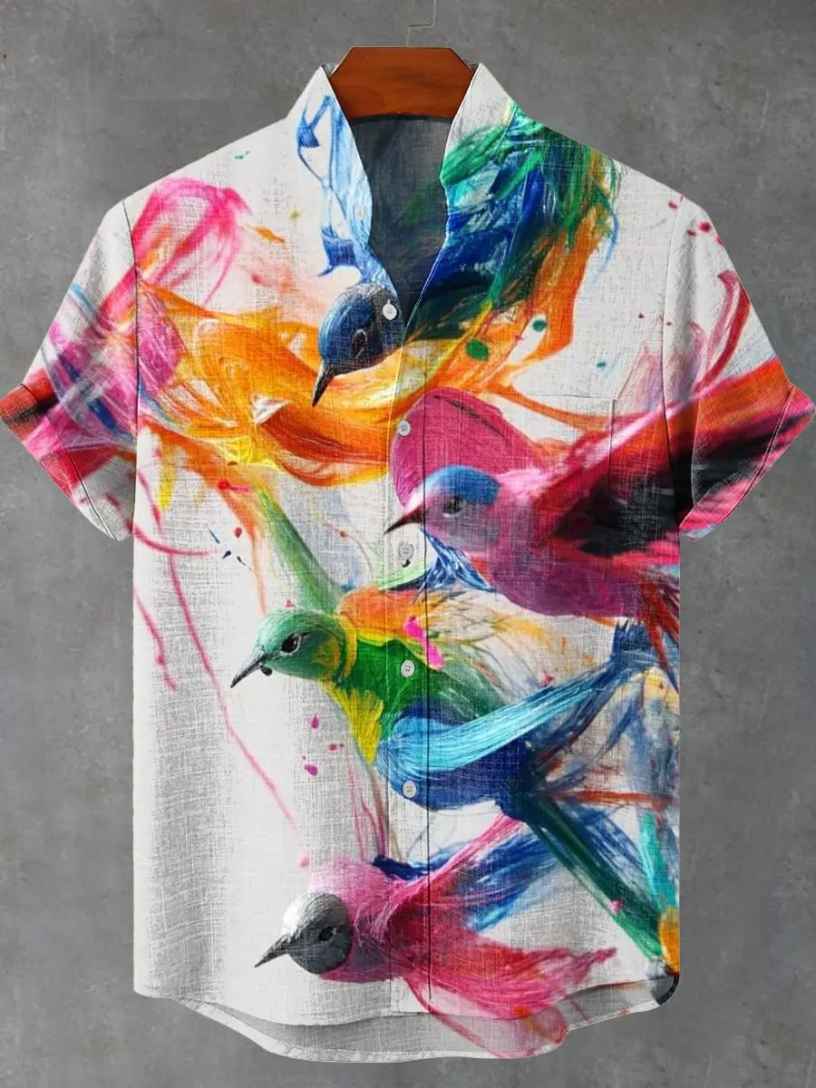 

2025 men's summer casual linen printed beautiful bird short sleeved shirt, fashionable new trend shirt
