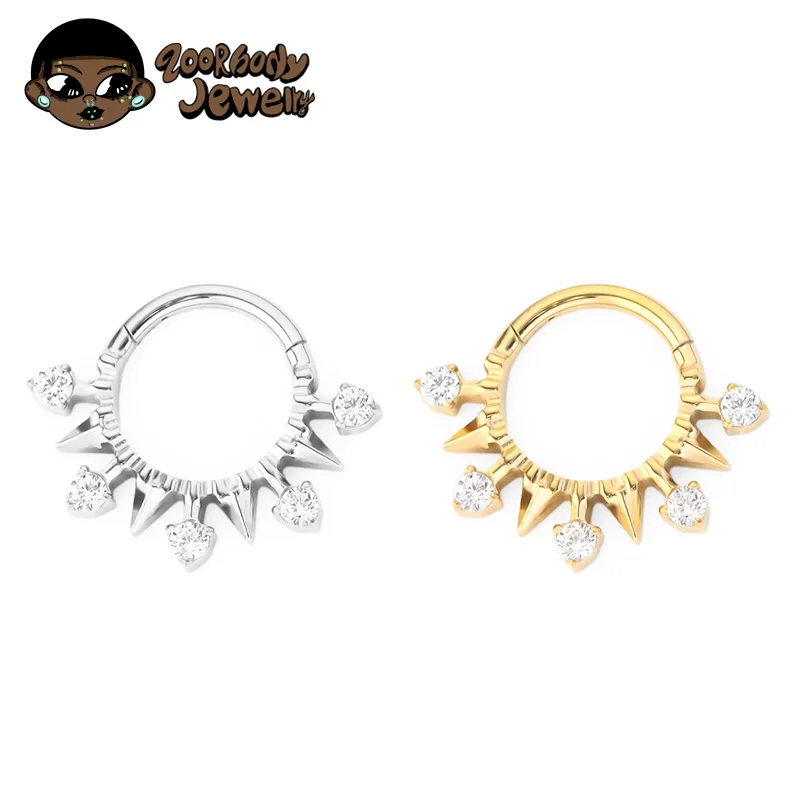 

ASTM F136 Titanium Set CZ Fan and Triangle Clicker Piercing Edge Hinged Segment Hoop Ring Body Jewelry Daith Helix Ring Nose