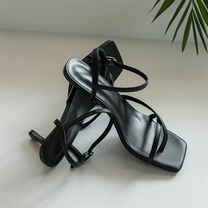 Meotina Shoes Women Genuine Leather Sandals Thin Heel Sandals High Heels Buckle Square Toe Ladies Footwear Summer Beige Black 39