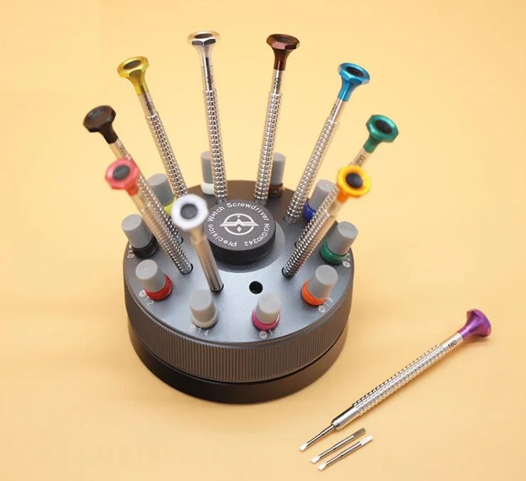 

W5029 Knurled Handle Ball Bearing Watch Repair Screwdrivers with Rotatable Stand and 20pcs Extra Flat Blades 0.6mm to 3.0mm Size