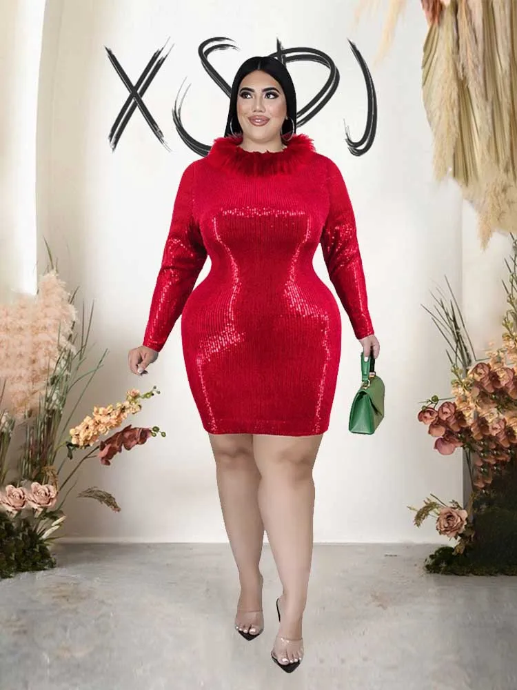 

Sequins Dress for Women Elegant Party Winter Christmas Dress with Fur Sexy Plus Size Dress Clothing Wholesale Dropshipping