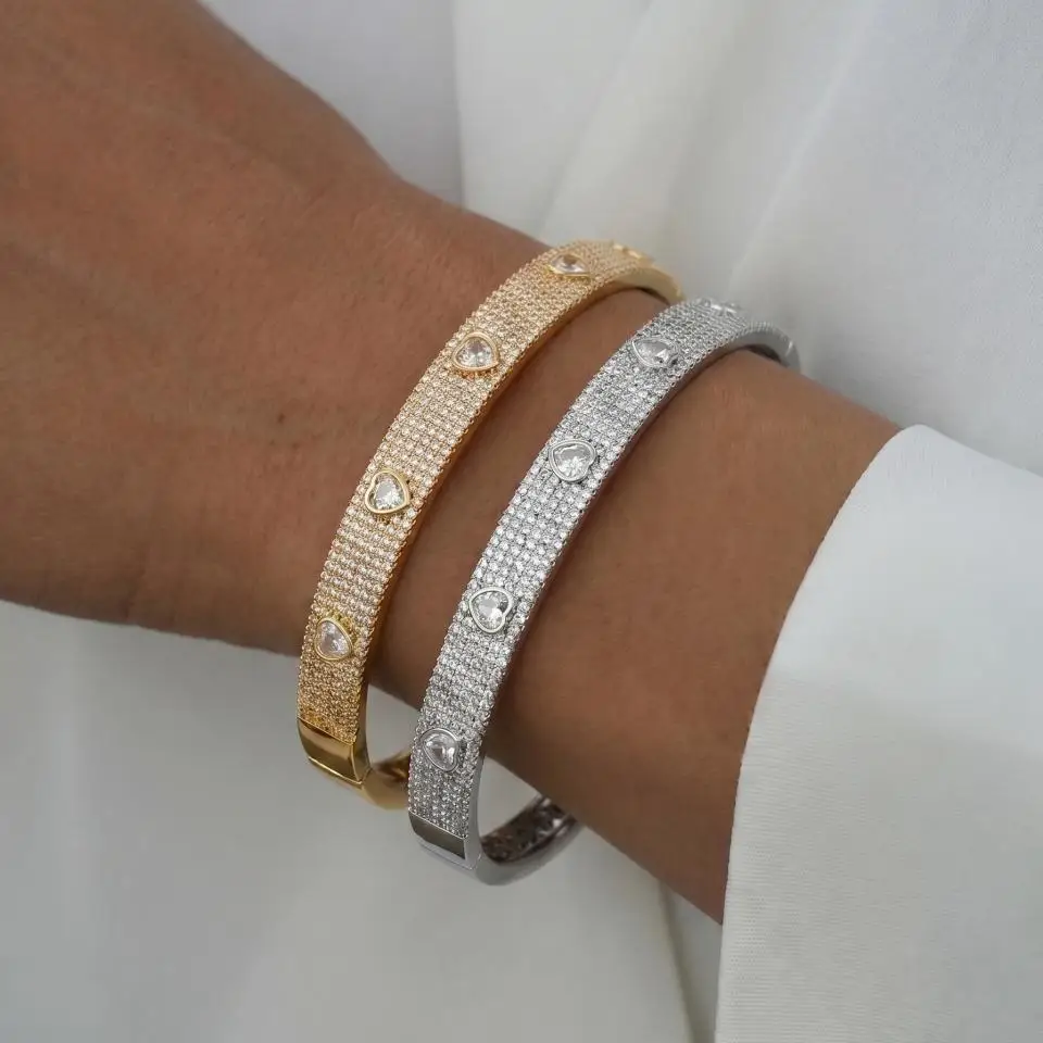 ZAKOL Luxury Nickel Free Micro Paved Heart Cubic Zirconia Bangle Bracelet For Women Sparkling Wedding Party Jewelry Gift view 6