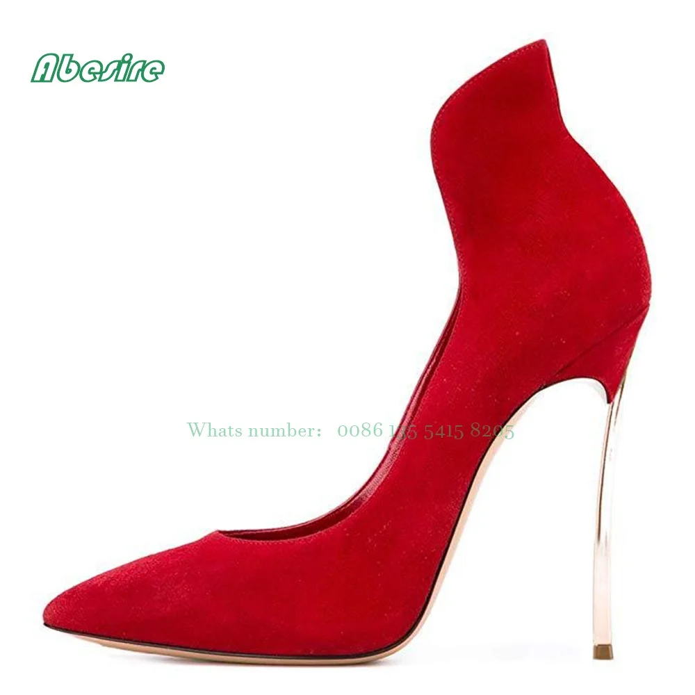 Suede Petal Heel Shallow Pumps Sexy Red Pointed Toe Solid High Heels Women's Sexy Pumps 2022 New Arrival Party Shoes Big Size 45