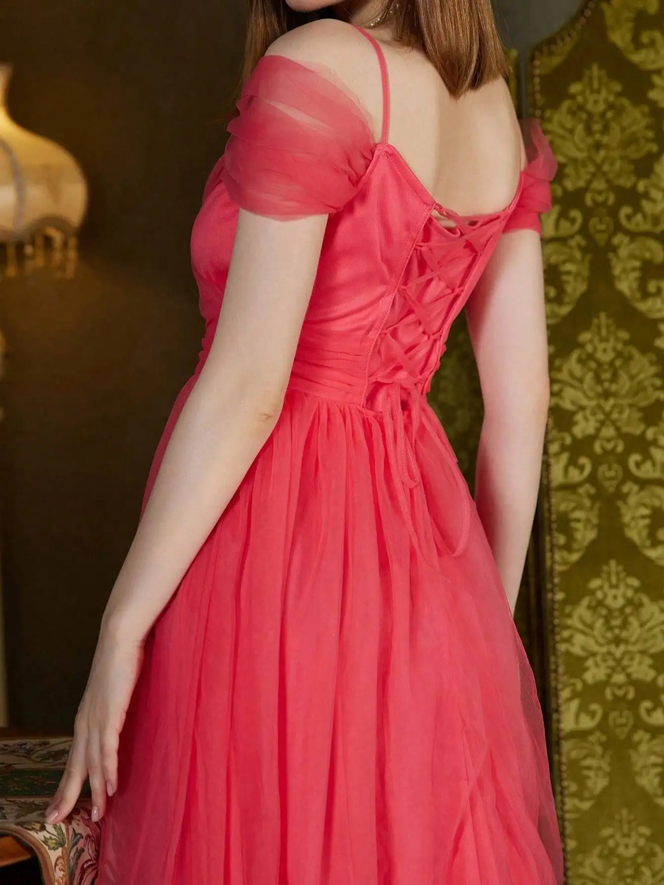 Moda nueva elegante mujer Primavera Verano vestido de malla con cuello en V señora ropa de boda A-Line Falda plisada chica regalo de fiesta Dr01