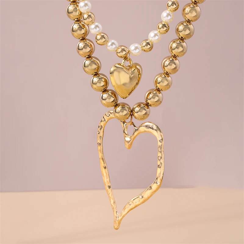 Übertriebene Halskette mit großem, hohlem Herzanhänger für Damen, Punk-CCB-Kugelperlen-Halskette, Mädchen-Party-Festival-Schmuck, Geschenke – Detail 3