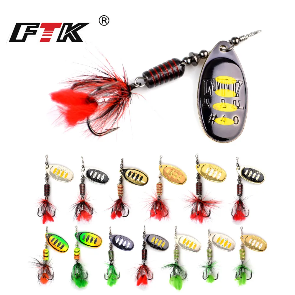 

FTK 1Pcs Spinner Bait Spoon Lures Metal Fishing Lure 13 Colors 7.5g 12g 17.5g Pike Bass Hard Bait With Feather Treble Hooks