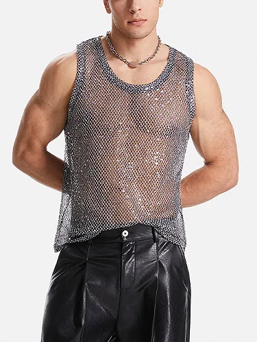 Mens Mesh Tank Top Glitter Sheer See Through Black Fishnet Top Sexy Tops to Show Muscle Shirt Sparkly Party Clubwear Costume