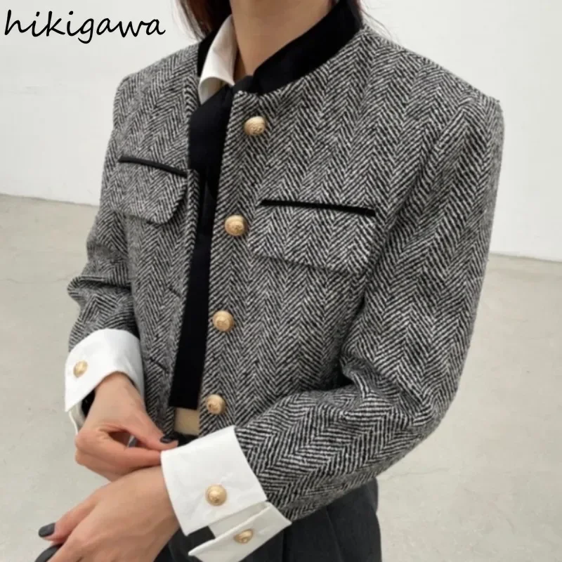 Jackets for Women\'s Metal Buttons Plaid Coat Vintage Crop Tops Short Outwear Mujer Thicked Tweed Korean Chic Temperament Coats