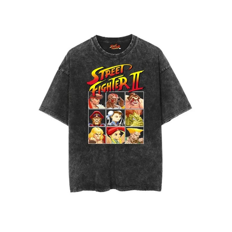 Street Fighter Street Fighter Korean Old Washed Retro Batik Men and Women Loose Short-sleeved Cotton T-shirt