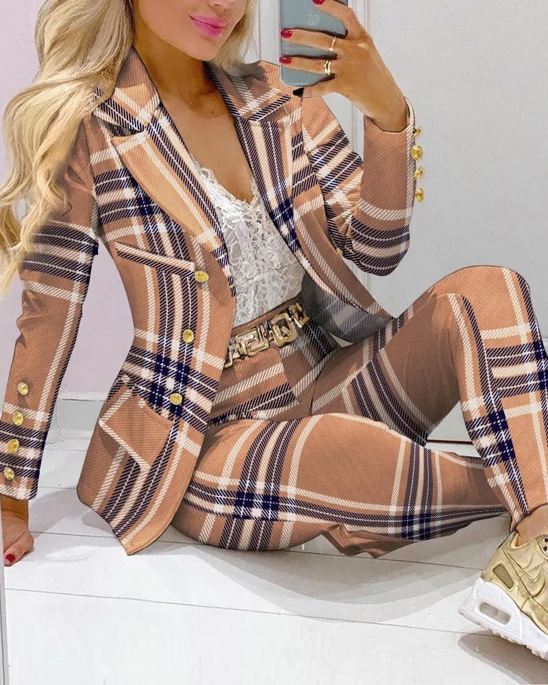 Spring Autumn Fahsion Blazers Pant Sets Casual Long Sleeve Print Coat And Pencil Pant Two Piece Set Office Elegant Suits Women