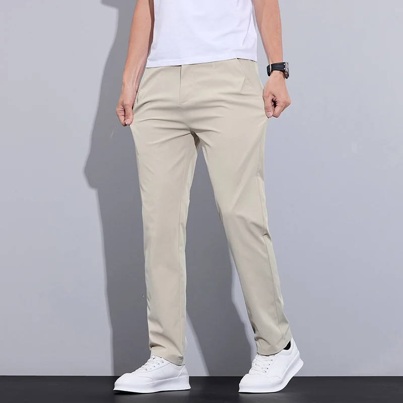 Spring Summer Thin Men's Slim Casual Pants Solid Color Elastic Waist Soft Breathable Business Straight Trousers Black Beige Gray