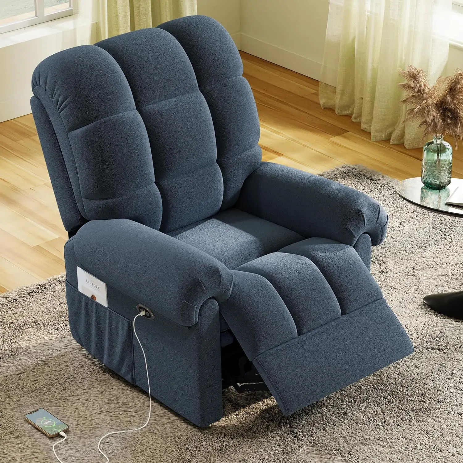 Power Recliner Chair Adults Adjustable Electric Chair Power Reclining Sofa USB Port Ultra-Comfy Teddy Fleece Recliner Blue Gray