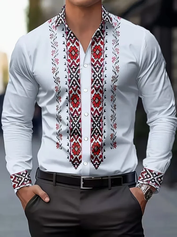 European retro ethnic floral print men's long-sleeved shirt with turn-down collar and geometric design on placket and cuffs.