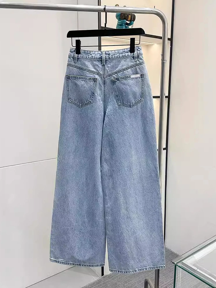 [Oein] 2024 home spring neue vielseitige gewaschene hellblaue Jeans mit weitem Bein und diamant besetztem Design für Frauen