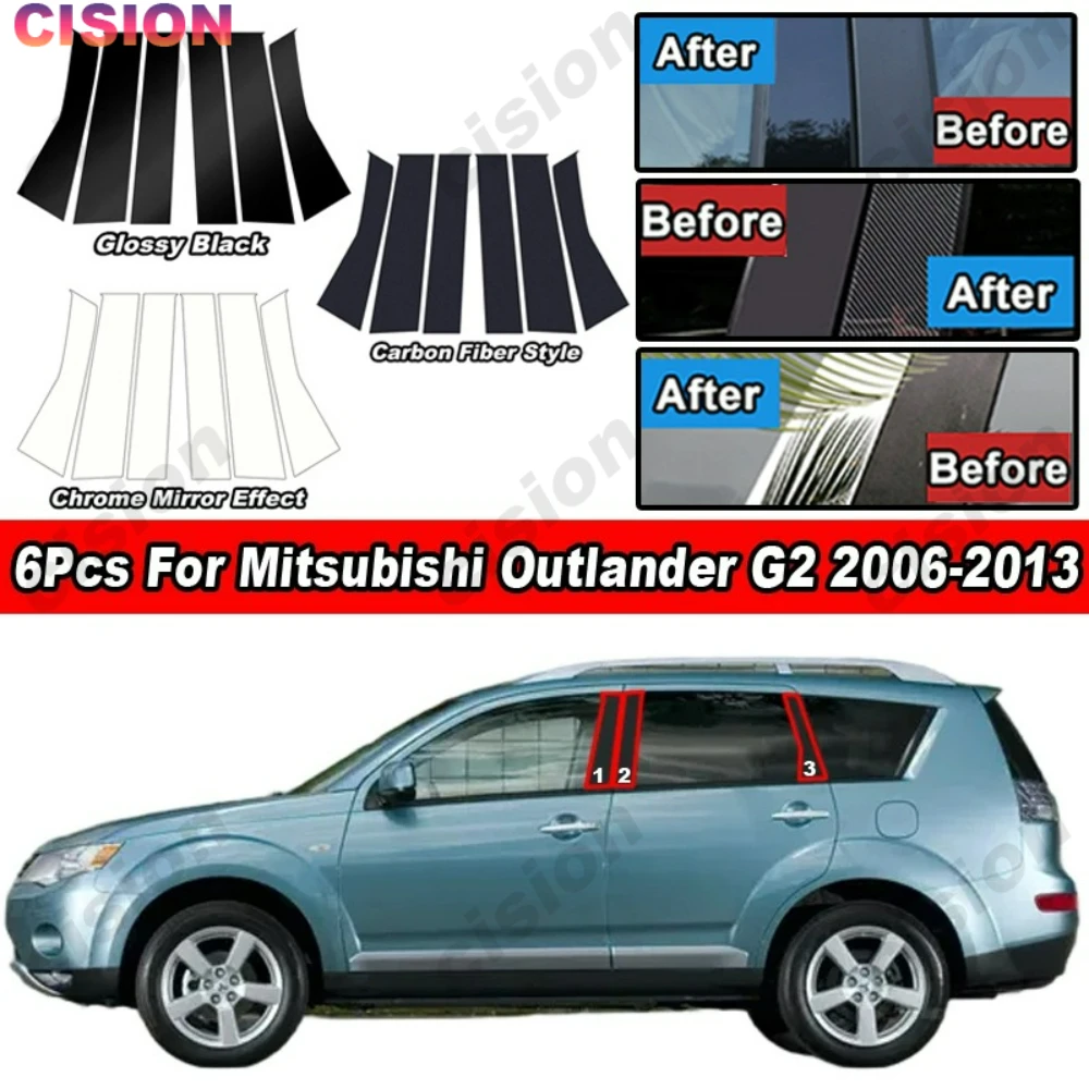 Glossy Carbon Fiber Black Chrome Car Door Center B C Pillar Post Window Column Cover Trim Sticker For Mitsubishi Outlander G2 XL