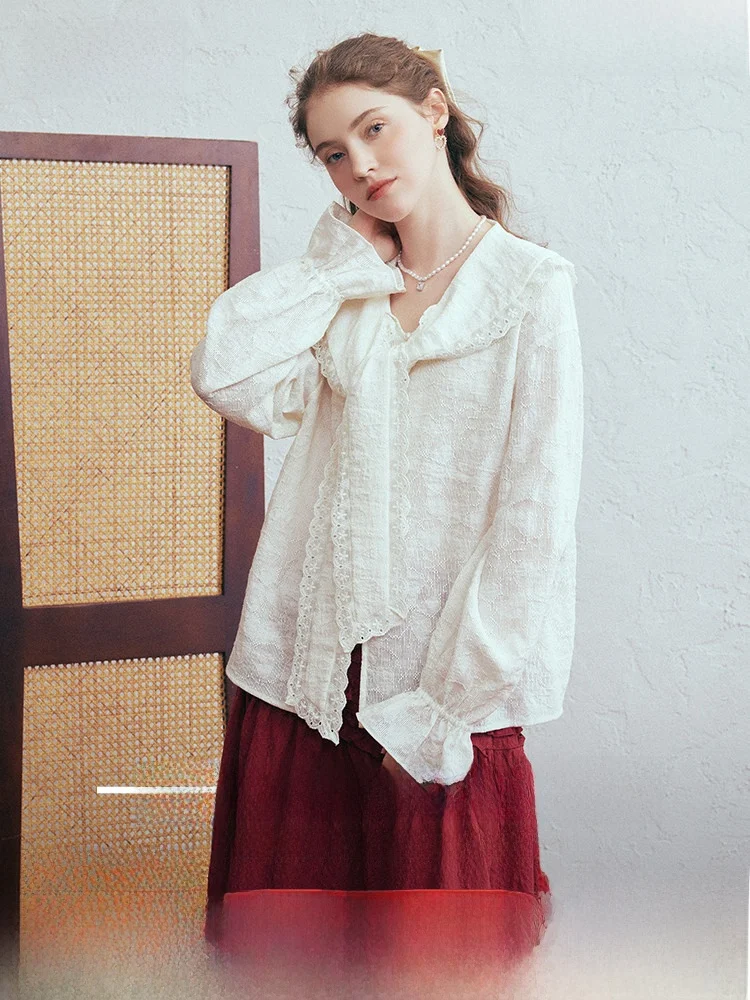 

Cloud Light n Spring 2026 Women's Lace Trim Splicing Belted Collar Lantern Sve Top Gentle Sle Loose Fit Long Sve