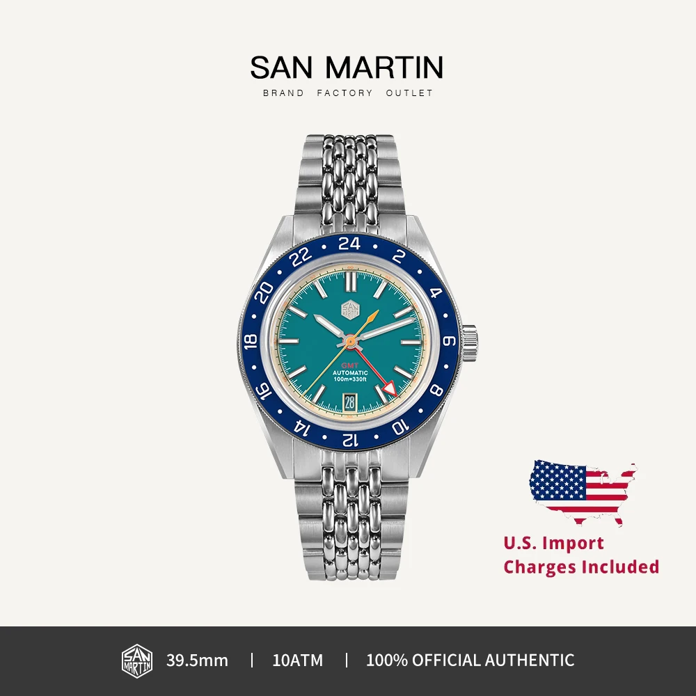 Reloj San Martin de diseño Original para hombre, 39,5mm, GMT Swim Sport NH34, reloj de pulsera mecánico automático, resistente al agua, 100m luminoso SN0116