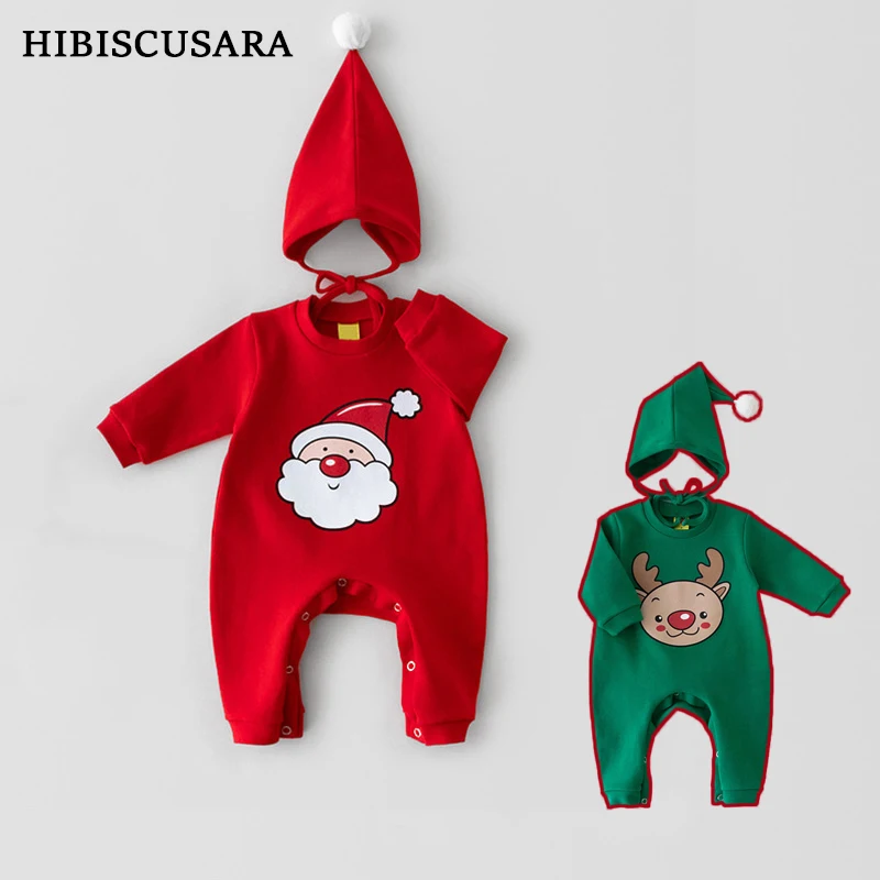 Christmas Baby Clothing Fleece Warm Rompers Santa Claus Reindeer Print Jumpsuit Hat 2pcs Sets Thicken Boys Girls Xmas Outfits