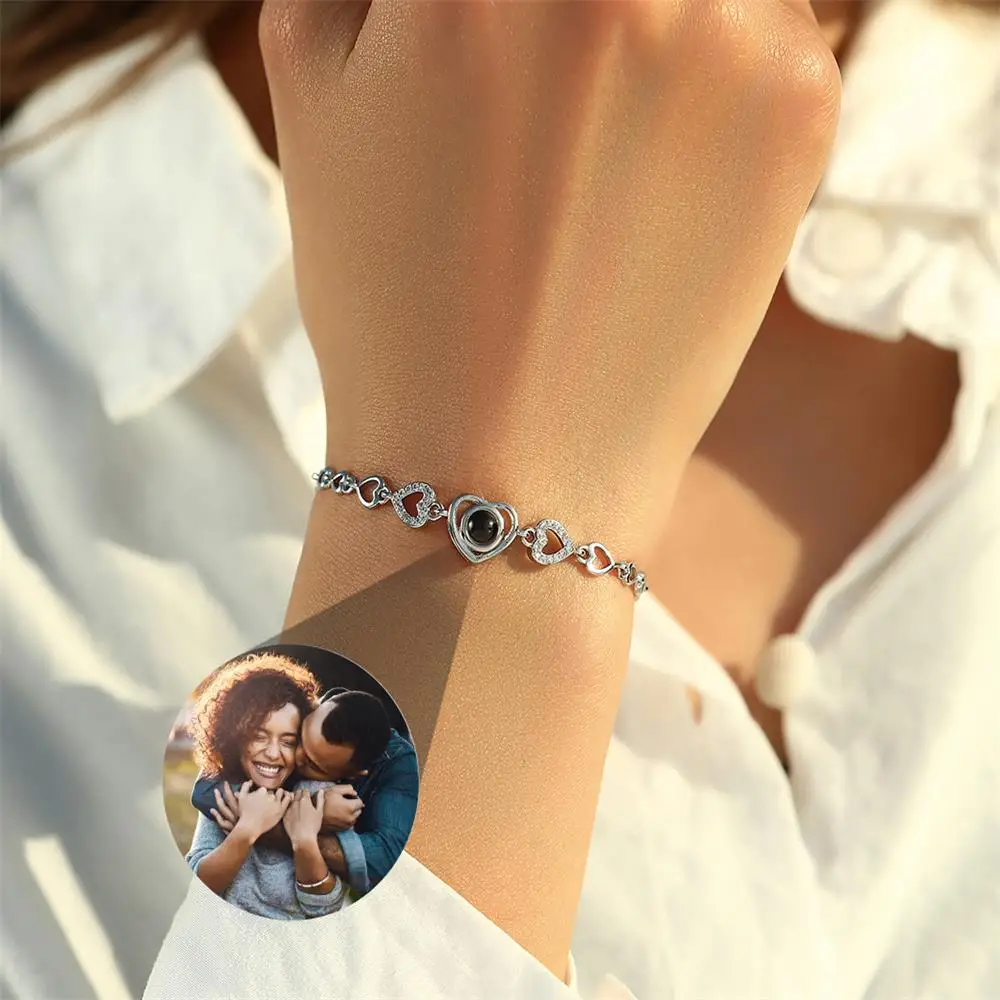 Pulsera de proyección de foto personalizada para mujer, brazalete de corazón de circonita cúbica, regalo de joyería conmemorativo del día de San Valentín