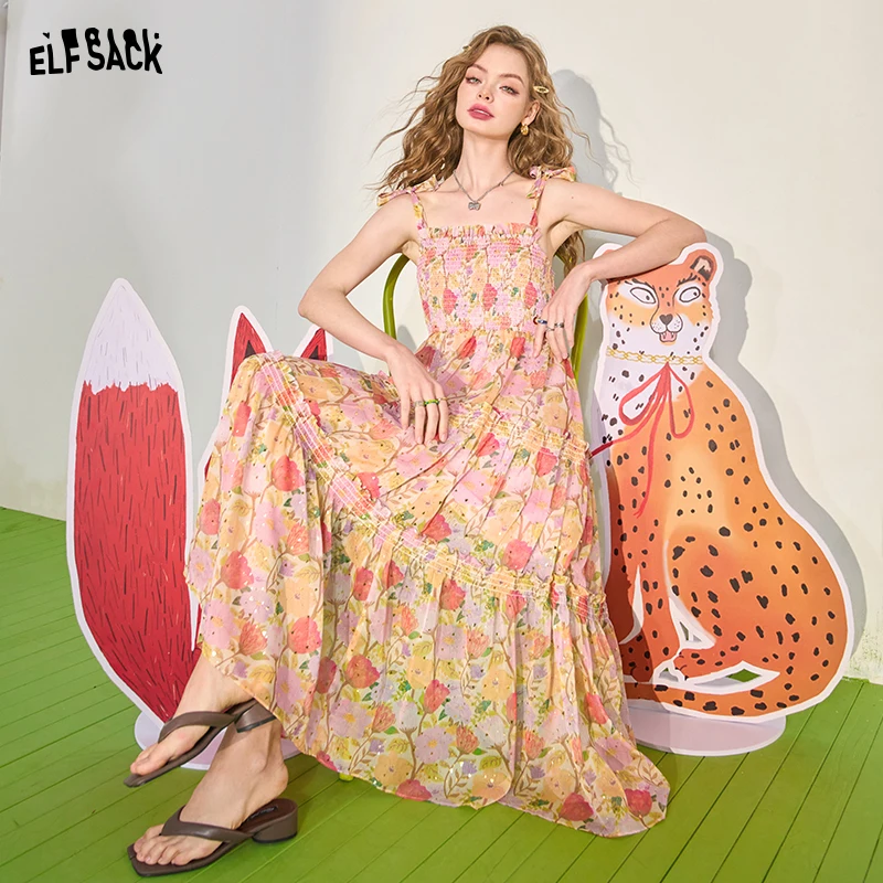 ELFSACK 2024 Summer New Bow Tie Strap Fragmented Flower Hanging Strap Dress Women's Vacation Style Skirt