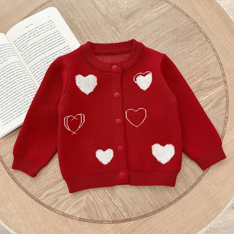 عيد الميلاد الوليد طفلة محبوك الخريف سترة طويلة الأكمام الشتاء سترة الصلبة فضفاض القلب بلايز عادية 3M-6Y الاطفال الملبس #2