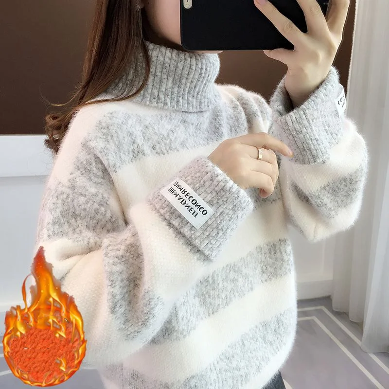 High Collar Stripe Thickened Sweater Women's 2023 Autumn/Winter New Korean Version Fashion Loose Lazy Style Panel Warm Top