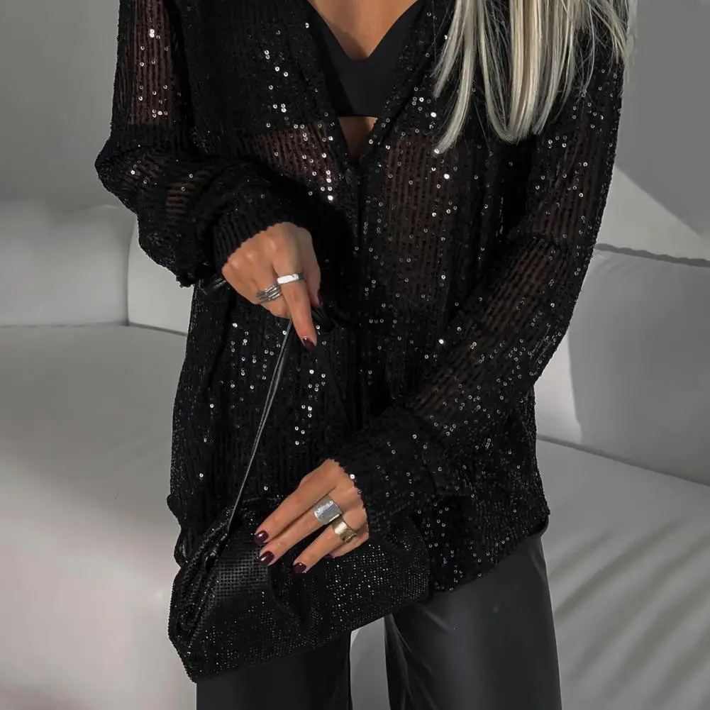 

Women's Sequin Button Down Shirt Long Sleeve Lapel Shiny Blouse Ladies Casual Loose Fit Top Lady For Work Leisure And Daily Wear