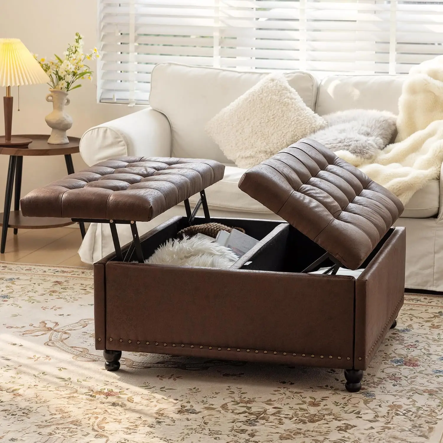 35 Inch Square Storage Ottoman, Lift Top Upholstered Bench Footrest Coffee Table for Living Room Bedroom Leather, Customized