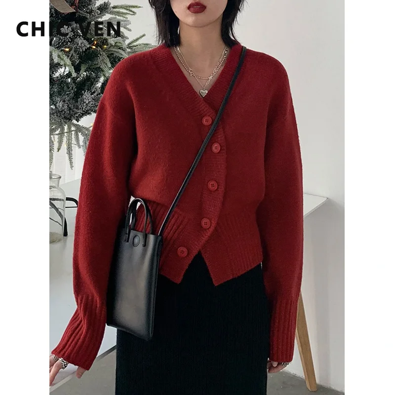 CHIC VEN Women\'s Cardigan V Neck Irregular Solid Short Knitted Sweaters for Women Female Tops Woman Clothing Autumn Winter 2022