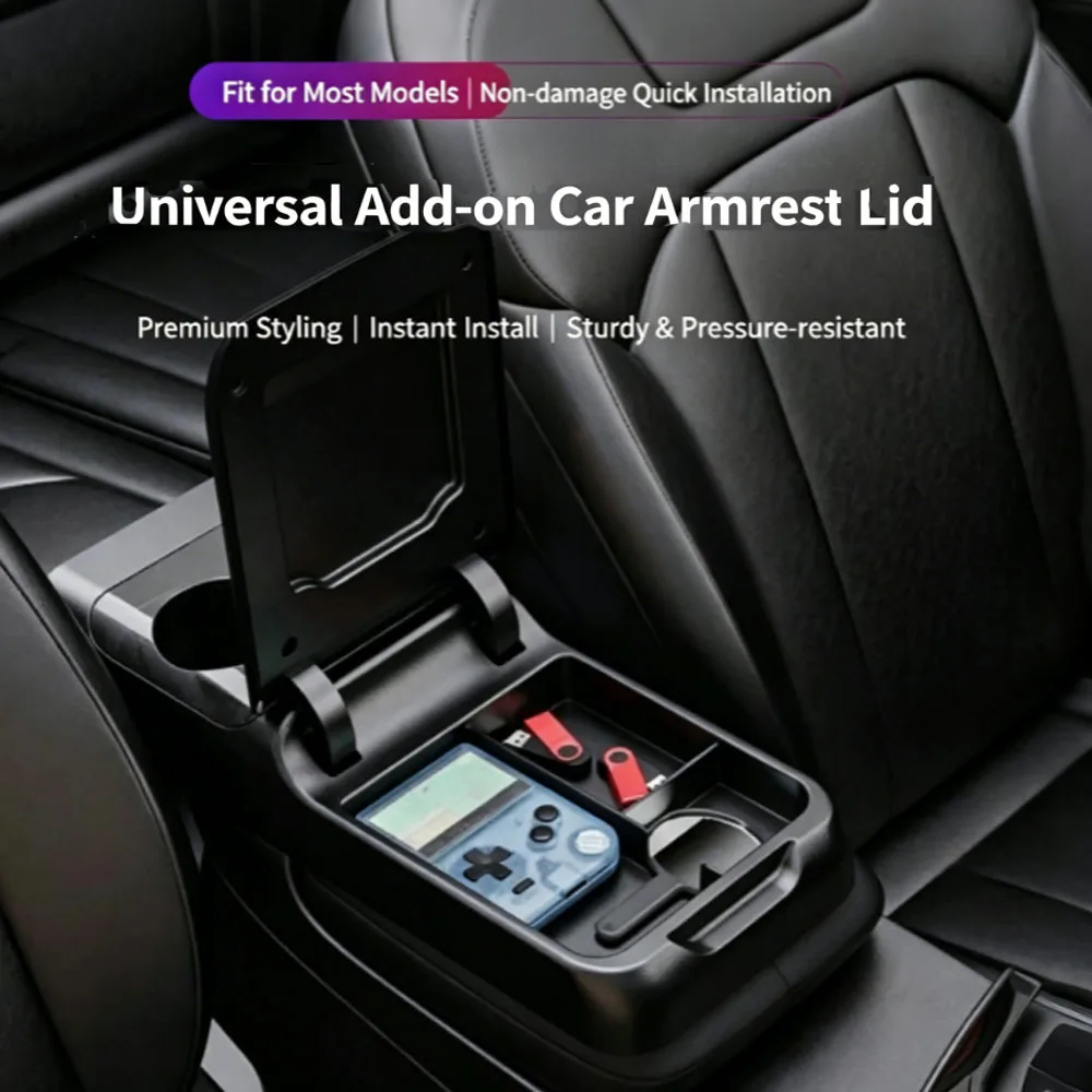 Universal Car Armrest Extension Lid, Center Console Storage Box Elbow Support Heightening Pad with Cup Holder & Extra Storage Sp