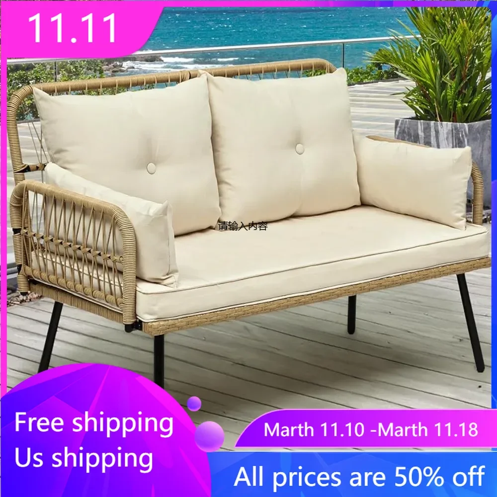 

Terrace furniture wicker outdoor double sofa,backyard,balcony all weather wicker dialogue, with soft padding (light brown+beige)