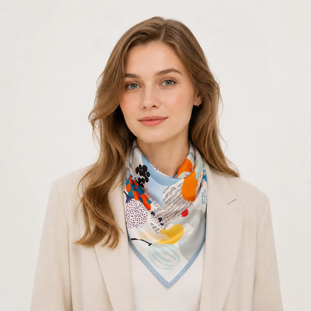 53cm 100% Natural Silk Scarf Women Abstract Fruit Portrait Painting Print Bandana Head Square Neckerchief Lady Hairband Wrap