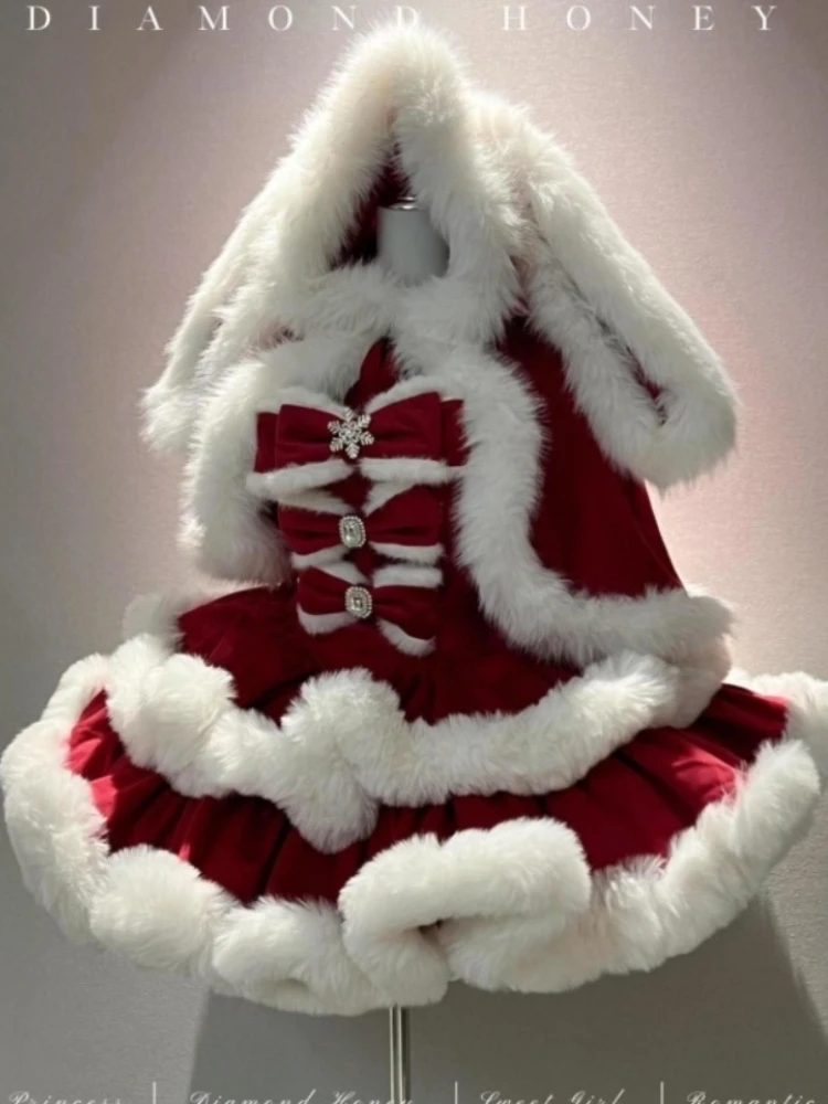 أنيقة فاخرة الحلو لوليتا عيد الميلاد الأميرة مجموعة المرأة الأحمر فروي الأرنب الأذن عباءة القوس نفخة فستان لطيف احتفالي موضة الزي