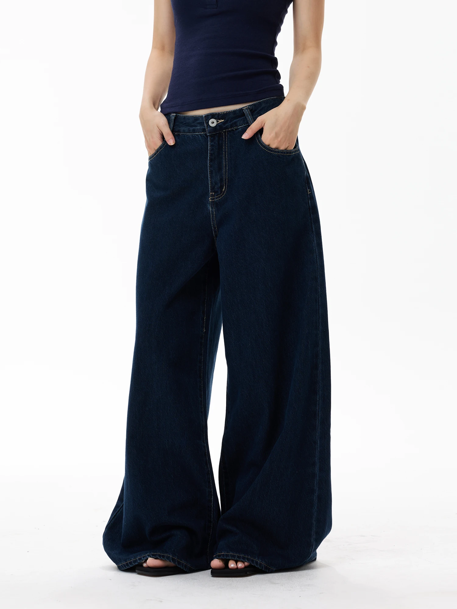 Yeboon American Retro Denim Jeans Loose Wide Leg Pants Basic Washed Deep Blue Long Trousers Unisex Cotton Polyester Blend