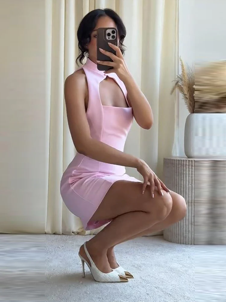 Plissiertes, ausgeschnittenes, tailliertes Minikleid für Damen – sexy, ärmellos, mit Einzelknopf und Reißverschluss, schmal geschnitten, charmantes Partykleid, neu – Detail 9